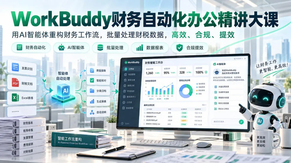 WorkBuddy财务自动化办公精讲大课,用AI智能体重构财务工作流,批量处理财税数据,高效、合规、提效 WorkBuddy财务自动化办公精讲大课,用AI智能体重构财务工作流,批量处理财税数据,高效、合规、提效