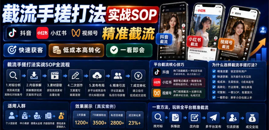截流手搓打法实战SOP,抖音小红书视频号精准截流,快速获客,低成本高转化,一看即会-小优资源网
