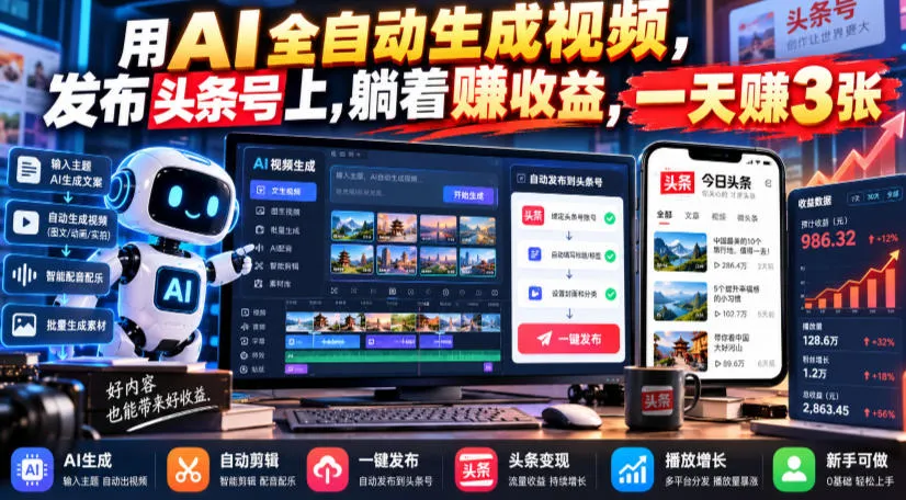 用AI全自动生成视频,发布头条号上,躺着賺收益,一天賺3张-小优资源网