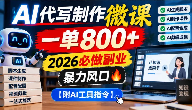 AI代写制作微课，一单800+，2026必做副业，暴力风口【附AI工具指令】【揭秘】-小优资源网