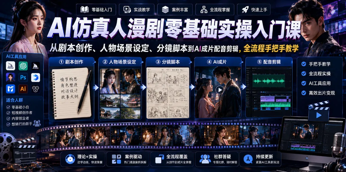 AI仿真人漫剧零基础实操入门课,从剧本创作、人物场景设定、分镜脚本到AI成片配音剪辑,全流程手把手教学-小优资源网