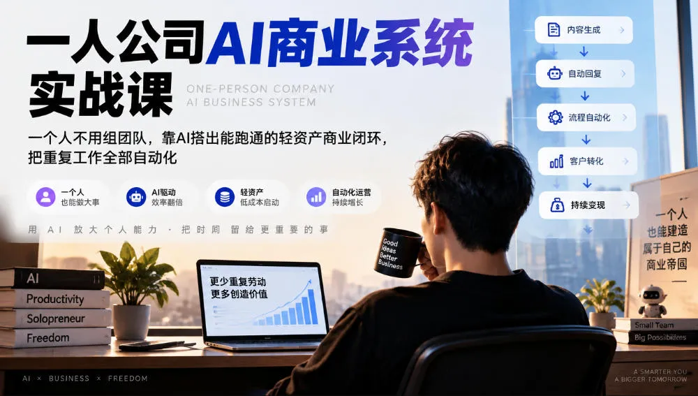 一人公司AI商业系统实战课,一个人不用组团队,靠AI搭出能跑通的轻资产商业闭环,把重复工作全部自动化-小优资源网