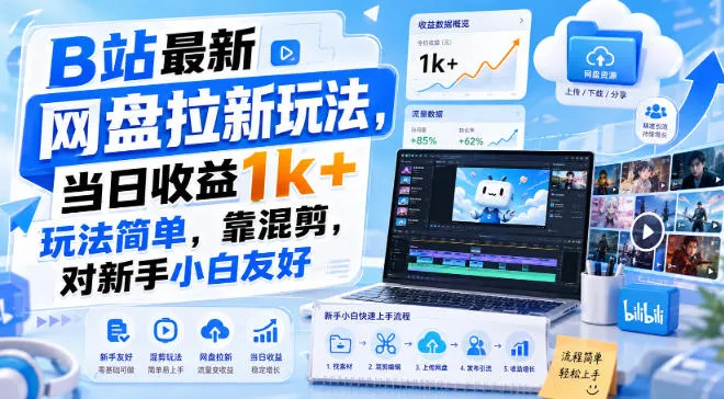 B站最新网盘拉新玩法，当日收益1k+玩法简单，靠混剪，对新手小白友好-小优资源网