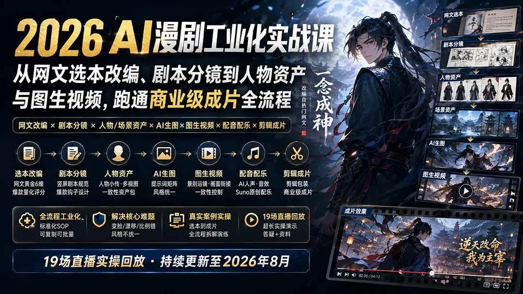 (20068期)2026 AI漫剧工业化实战课-更新:从网文选本改编、剧本分镜到人物资产与图生视频,跑通商业级成片全流程-小优资源网