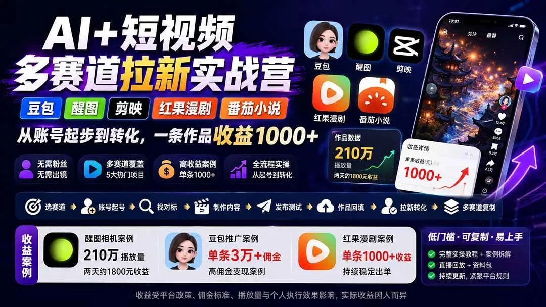 (20142期)AI+短视频多赛道拉新实战营:豆包+醒图+剪映+红果漫剧+番茄小说,从账号起步到转化,一条作品收益1000+-小优资源网