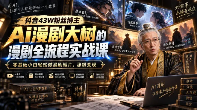 抖音43W粉丝博主Ai漫剧大树的漫剧制作全流程实战课，零基础小白轻松做漫剧短片，涨粉变现-小优资源网