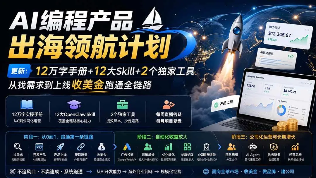 （20099期）AI编程产品出海领航计划-更新：12万字手册+12大Skill+2个独家工具，从找需求到上线收美金跑通全链路-小优资源网