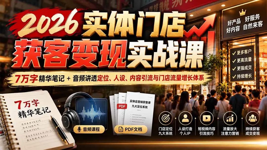 （20832期）2026实体门店获客变现实战课：7万字精华笔记+音频讲透定位、人设、内容引流与门店流量增长体系-小优资源网