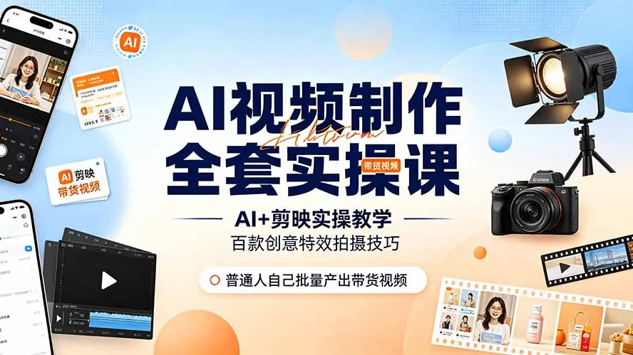 AI视频制作全套实操课,多款AI工具搭配剪映教学,百种特效运镜拍摄实操,抖音账号带货运营全覆盖-小优资源网