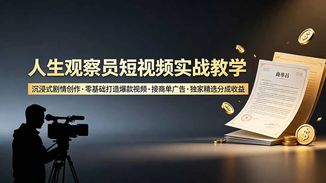 人生观察员短视频实战教学，沉浸式剧情创作，零基础打造爆款视频，接商单广告，独家精选分成收益-小优资源网