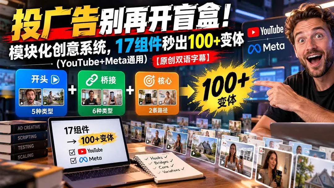 （20840期）投广告别再开盲盒！模块化创意系统，17组件秒出100+变体（YouTube+Meta通用）【原创双语字幕】-小优资源网