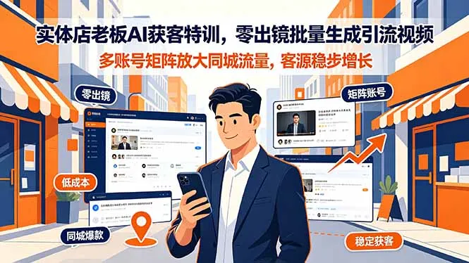 实体店老板AI获客特训,零出镜批量生成引流视频,多账号矩阵放大同城流量,客源稳步增长-小优资源网