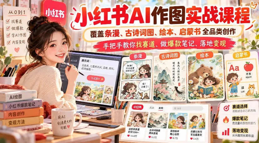 小红书AI作图实战课程,覆盖条漫、古诗词图、绘本、启蒙书全品类创作,手把手教你找赛道、做爆款笔记、落地变现(更新1017)-小优资源网