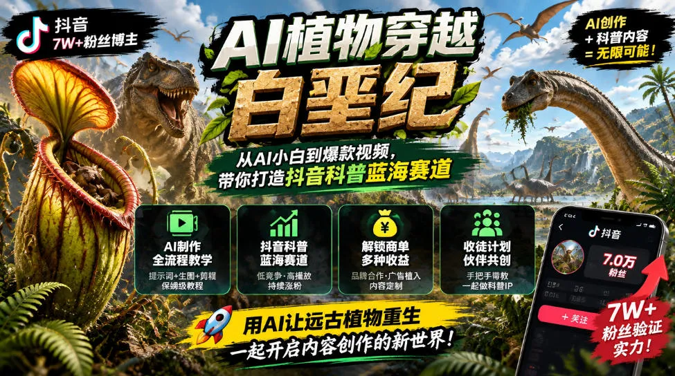 抖音7W粉丝博主的AI植物穿越白垩纪教学,抖音科普蓝海赛道,解锁商单收徒伙伴计划等多种收益-小优资源网