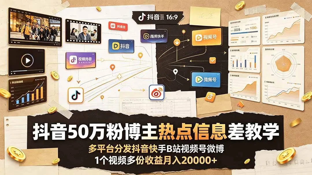 （19145期）抖音50万粉博主热点信息差教学：多平台分发抖音快手B站视频号微博，1个视频多份收益月入20000+-小优资源网