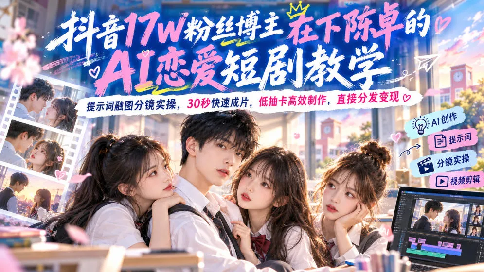 抖音17W粉丝博主在下陈卓的AI恋爱短剧教学,提示词融图分镜实操,30秒快速成片,低抽卡高效制作,直接分发变现-小优资源网