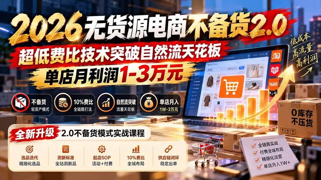 (20896期)2026无货源电商不备货2.0【更新1010】:超低费比技术突破自然流天花板,单店月利润1-3万元 (20896期)2026无货源电商不备货2.0【更新1010】:超低费比技术突破自然流天花板,单店月利润1-3万元