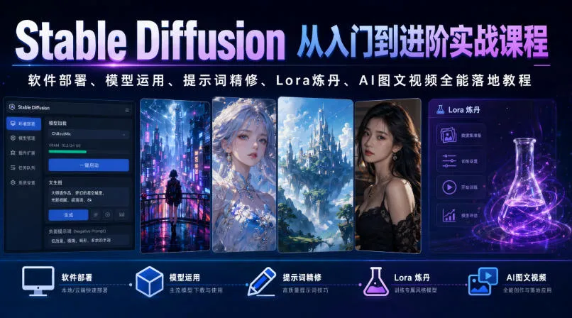 Stable Diffusion从入门到进阶实战课程｜软件部署、模型运用、提示词精修、Lora炼丹、AI图文视频全能落地教程-小优资源网