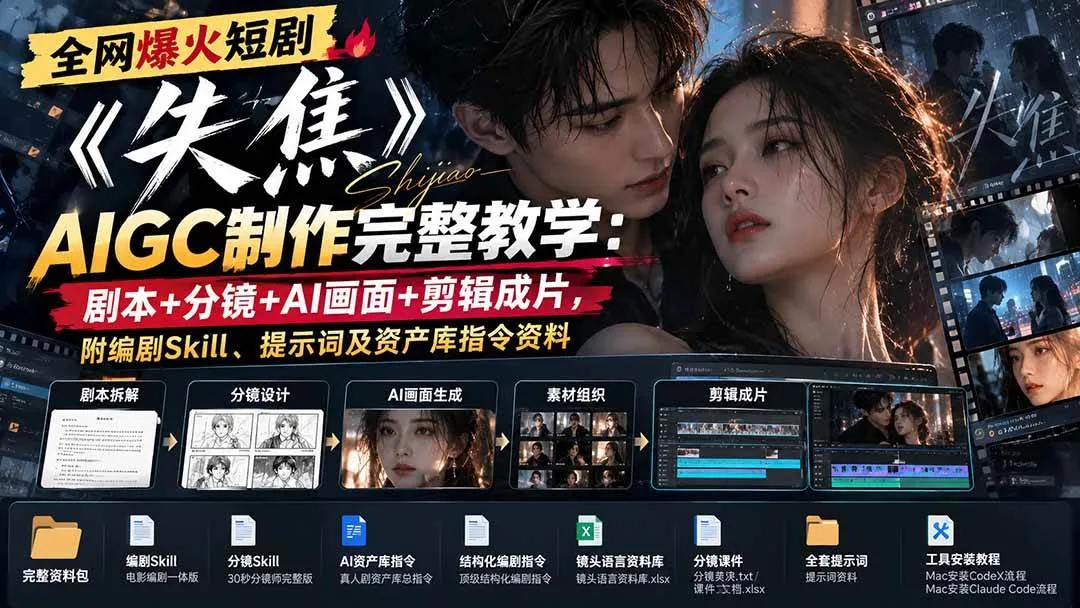 (20805期)全网爆火短剧《失焦》AIGC制作完整教学:剧本+分镜+AI画面+剪辑成片,附编剧Skill、提示词及资产库指令资料 (20805期)全网爆火短剧《失焦》AIGC制作完整教学:剧本+分镜+AI画面+剪辑成片,附编剧Skill、提示词及资产库指令资料