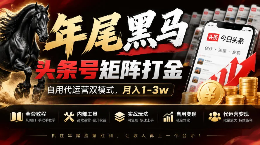 【年尾黑马】头条号矩阵打金，自用代运营双模式，月入1-3w，附全套教程及内部工具【揭秘】-小优资源网