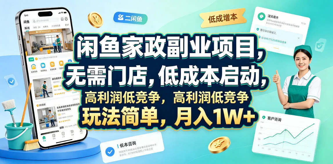 闲鱼家政副业项目，无需门店，低成本启动，高利润低竞争，玩法简单，月入1W+-小优资源网