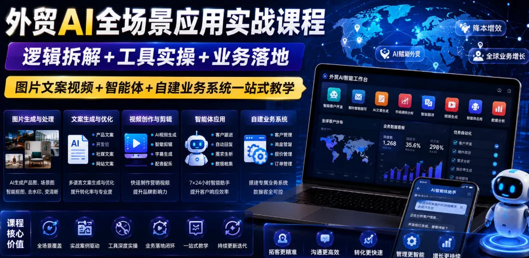 外贸AI全场景应用实战课程｜逻辑拆解+工具实操+业务落地，图片文案视频+智能体+自建业务系统一站式教学-小优资源网