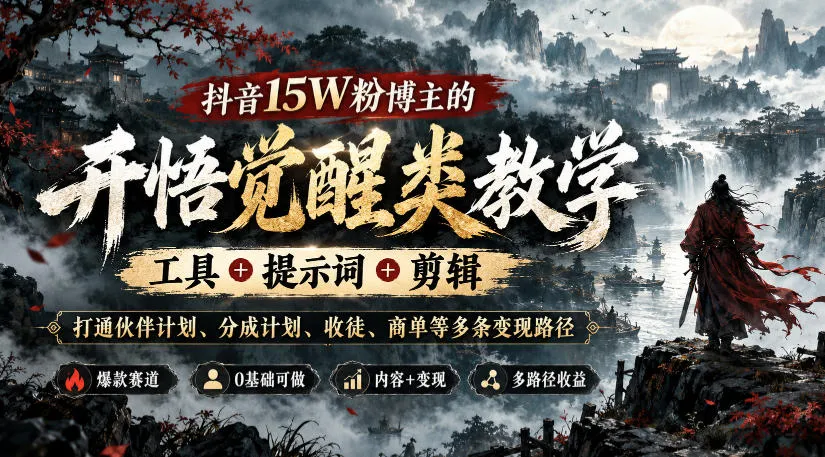 抖音15W粉博主的开悟觉醒类教学,工具+提示词+剪辑,打通伙伴计划、分成计划、收徒、商单等多条变现路径-小优资源网