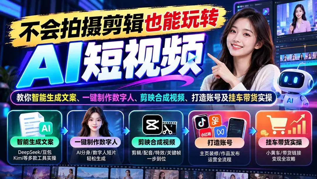 （21100期）不会拍摄剪辑也能玩转AI短视频：教你智能生成文案、一键制作数字人、剪映合成视频、打造账号及挂车带货实操-小优资源网