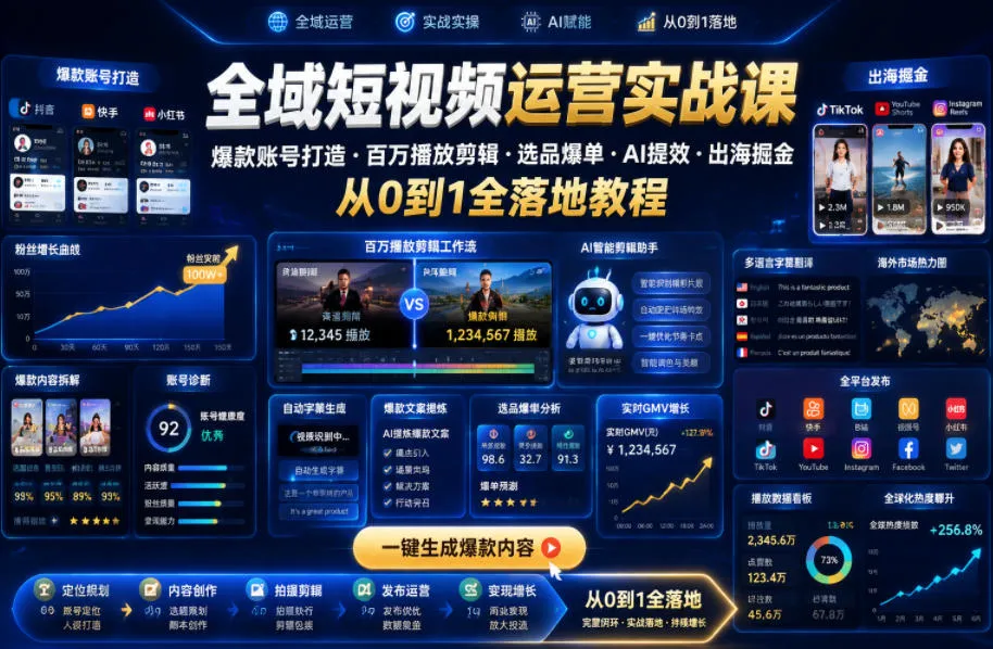 全域短视频运营实战课,爆款账号打造・百万播放剪辑・选品爆单・AI提效・出海掘金,从0到1全落地教程-小优资源网