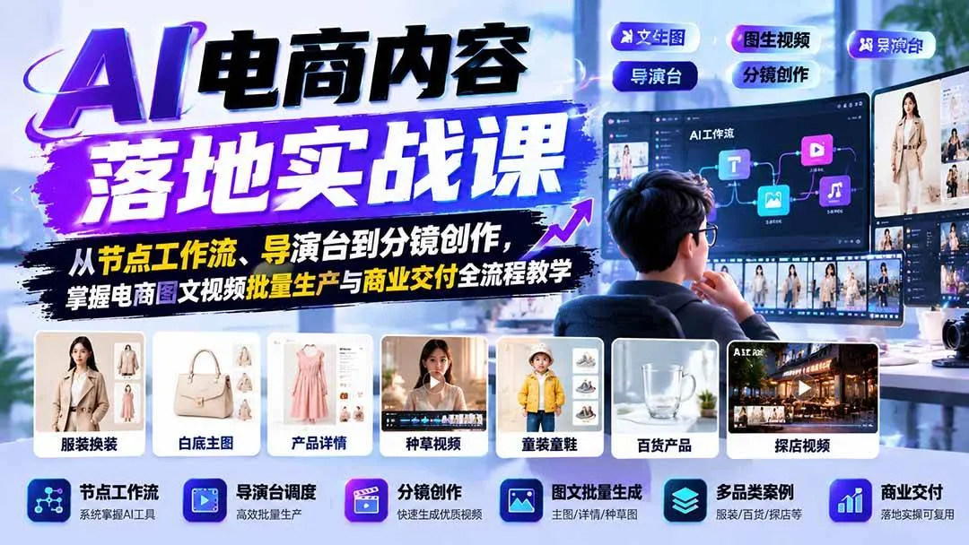 （21136期）AI电商内容落地实战课：从节点工作流、导演台到分镜创作，掌握电商图文视频批量生产与商业交付全流程教学-小优资源网