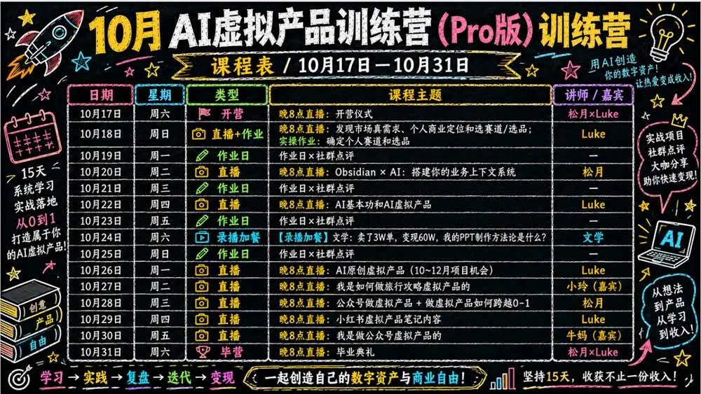 （21054期）2026AI虚拟产品10月训练营（Pro版）：15天学会选品定位、AI制作数字资料、小红书引流与公众号变现，打造一人公司