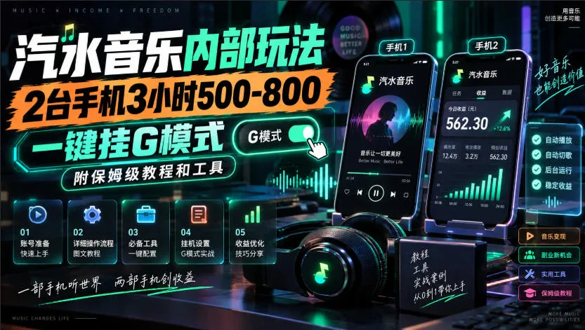 汽水音乐内部玩法,2台手机3小时500-800,一键挂G模式,附保姆级教程和工具【揭秘】-小优资源网