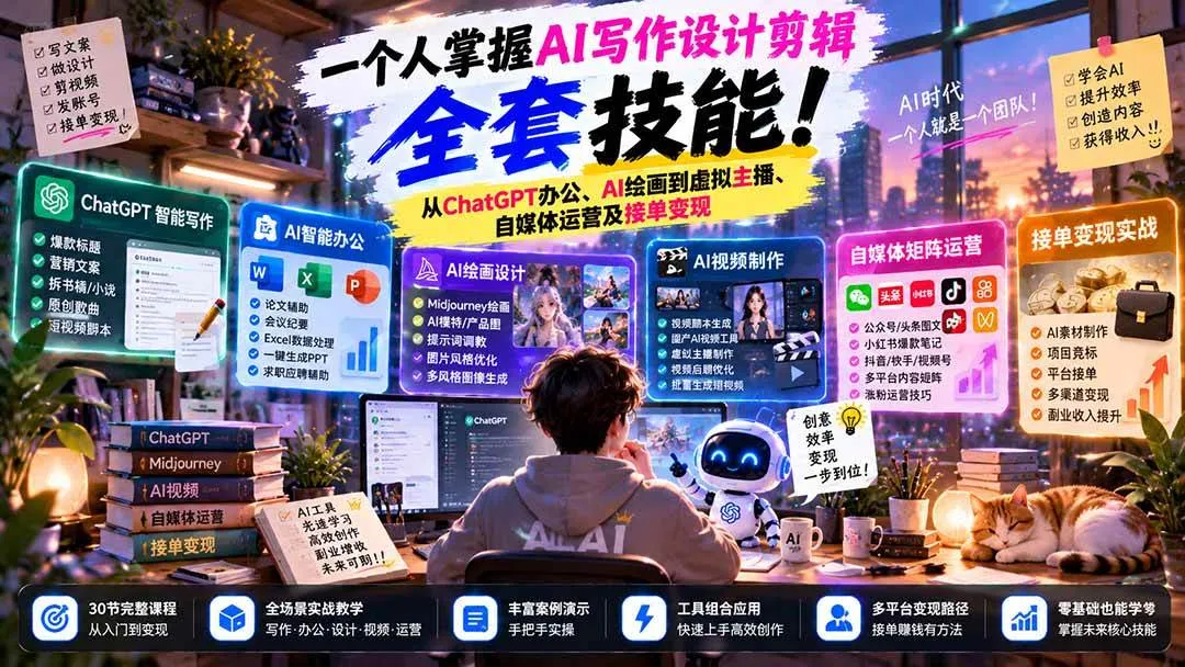 （21029期）一个人掌握AI写作设计剪辑全套技能：从ChatGPT办公、AI绘画到虚拟主播、自媒体运营及接单变现-小优资源网