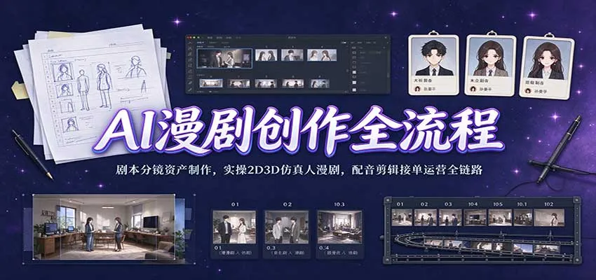 AI漫剧创作全流程：剧本分镜资产制作，实操2D3D仿真人漫剧，配音剪辑接单运营全链路-小优资源网