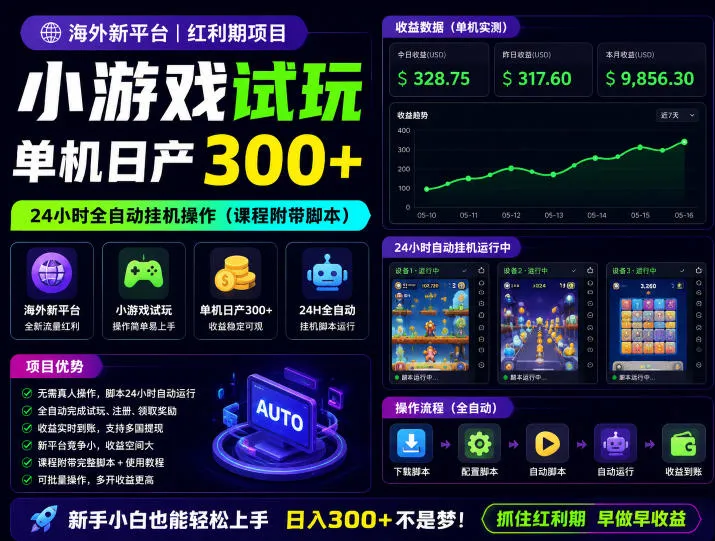 海外新平台，小游戏试玩，单机日产300+，24小时全自动挂G操作（课程附带脚本）【揭秘】-小优资源网