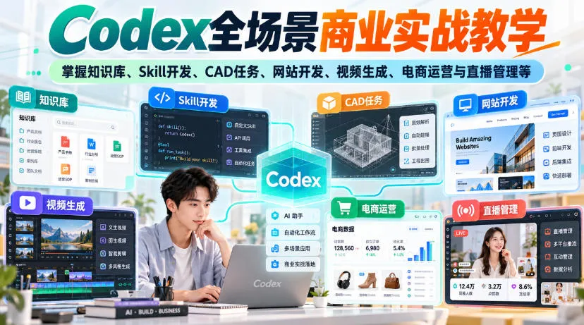 Codex全场景商业实战教学，掌握知识库、Skill开发、CAD任务、网站开发、视频生成、电商运营与直播管理等（更新1010）-小优资源网