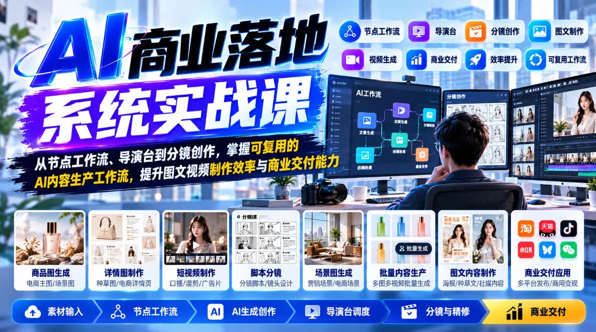 【无水印】AI商业落地系统实战课,从节点工作流、导演台到分镜创作,掌握可复用的AI内容生产工作流,提升图文视频制作效率与商业交付能力 【无水印】AI商业落地系统实战课,从节点工作流、导演台到分镜创作,掌握可复用的AI内容生产工作流,提升图文视频制作效率与商业交付能力