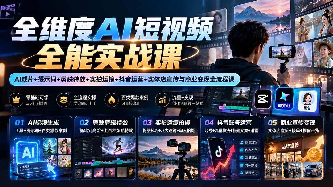 （20768期）【无水印】全维度AI短视频全能实战课：AI成片+提示词+剪映特效+实拍运镜+抖音运营+实体店宣传与商业变现全流程课-小优资源网