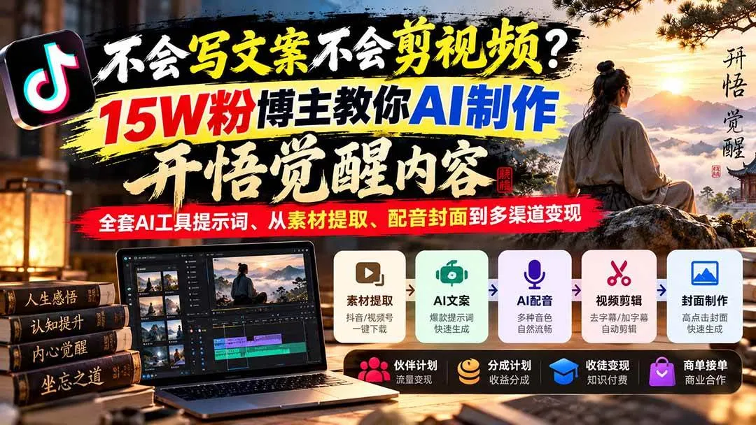 (21085期)不会写文案不会剪视频?15W粉博主教你AI制作开悟觉醒内容,全套AI工具提示词、从素材提取、配音封面到多渠道变现 (21085期)不会写文案不会剪视频?15W粉博主教你AI制作开悟觉醒内容,全套AI工具提示词、从素材提取、配音封面到多渠道变现