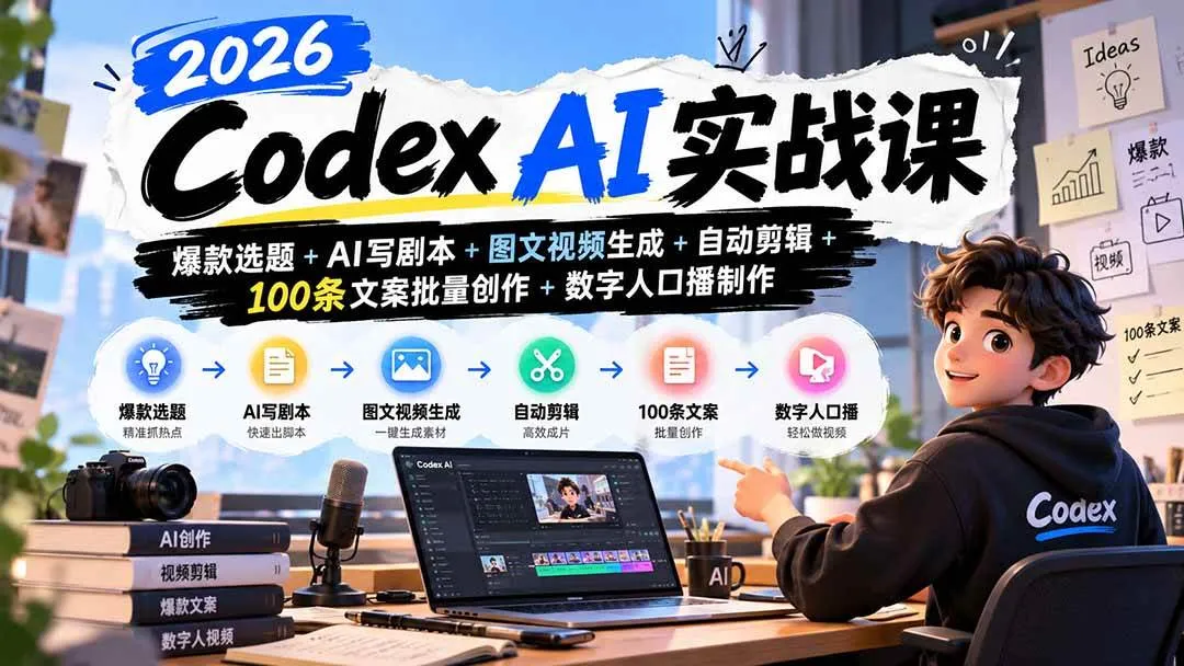 (20899期)2026Codex AI实战课:爆款选题+AI写剧本+图文视频生成+自动剪辑+100条文案批量创作+数字人口播制作-小优资源网