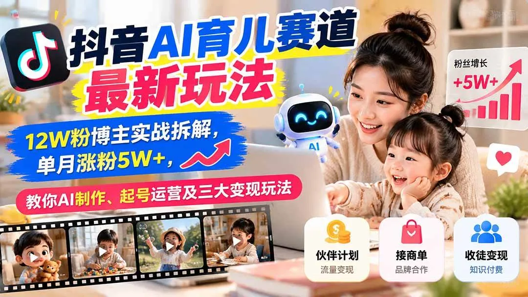 （21082期）抖音AI育儿赛道最新玩法：12W粉博主实战拆解，单月涨粉5W+，教你AI制作、起号运营及三大变现玩法