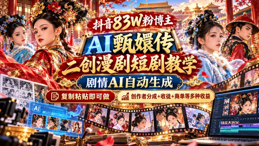 抖音83W粉博主AI甄嬛传二创漫剧短剧教学|剧情AI自动生成,复制粘贴即可做,各大平台创作者分成+收徒等多种收益-小优资源网