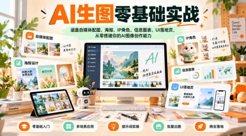 AI生图零基础实战，涵盖自媒体配图、海报、IP角色、信息图表、UI落地页，从零搭建你的AI图像创作能力-小优资源网