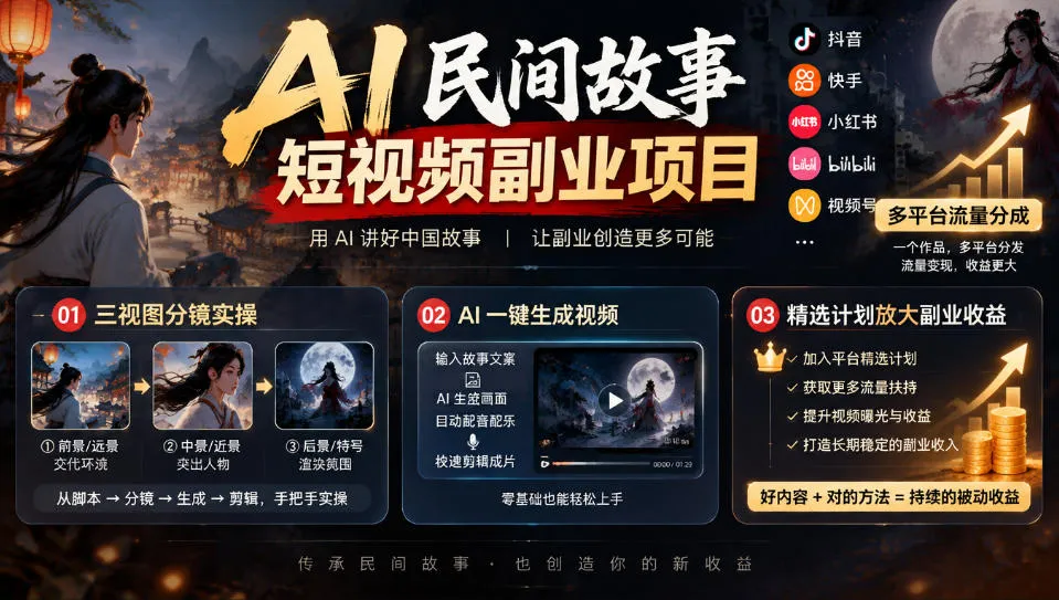 AI民间故事短视频副业项目，多平台流量分成，三视图分镜实操，精选计划放大副业收益-小优资源网