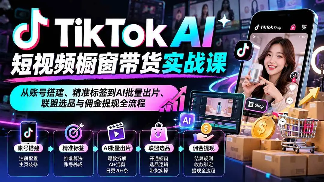 (20725期)TikTok AI短视频橱窗带货实战课:从账号搭建、精准标签到AI批量出片、联盟选品与佣金提现全流程-小优资源网