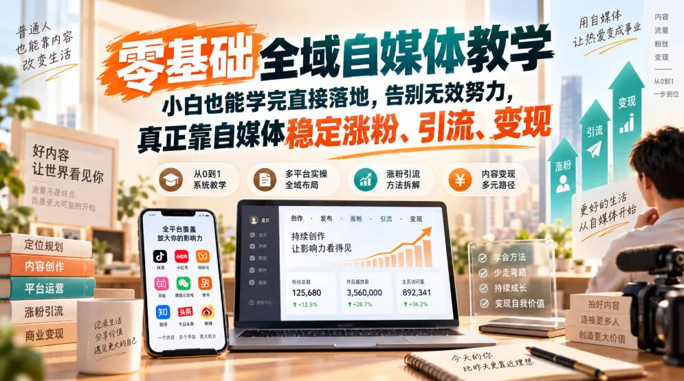 零基础全域自媒体教学,小白也能学完直接落地,告别无效努力,真正靠自媒体稳定涨粉、引流、变现-小优资源网