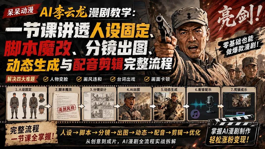 (20107期)呆呆动漫AI李云龙漫剧教学:一节课讲透人设固定、脚本魔改、分镜出图、动态生成与配音剪辑完整流程-小优资源网