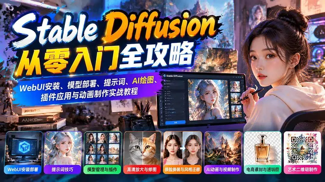 (21062期)Stable Diffusion从零入门全攻略:WebUI安装、模型部署、提示词、AI绘图、插件应用与动画制作实战教程 (21062期)Stable Diffusion从零入门全攻略:WebUI安装、模型部署、提示词、AI绘图、插件应用与动画制作实战教程