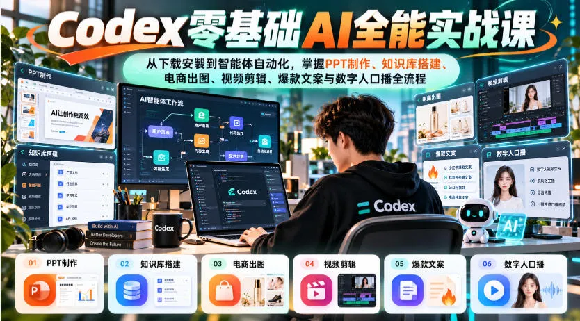 Codex零基础AI全能实战课：从下载安装到智能体自动化，掌握知识库搭建、电商出图、视频剪辑、爆款文案与数字人口播全流程-小优资源网