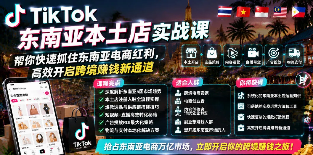 TikTok东南亚本土店实战课，帮你快速抓住东南亚电商红利，高效开启跨境賺钱新通道-小优资源网